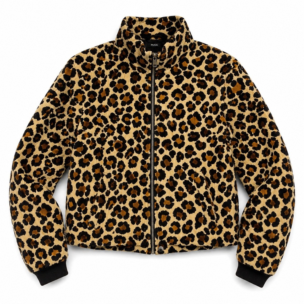 RVCA Womens Leopard Corduroy Puffer Jacket Brown Animal Print Small